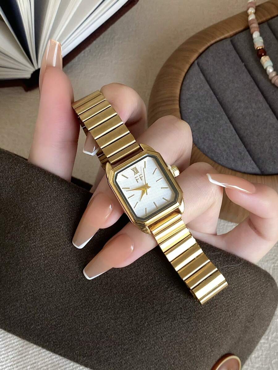 1件金色方形女款石英手錶,白色錶盤配混合刻度,適合日常配戴 - 金色 - 查看 1
