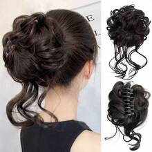 Women's Clip-On Fluffy Bun Hairpiece, Short Curly Wavy Synthetic Hair Bun Extension, Chestnut Brown Chignon High Ponytail Volumizer Hair Accessory - Multicolor - View 2