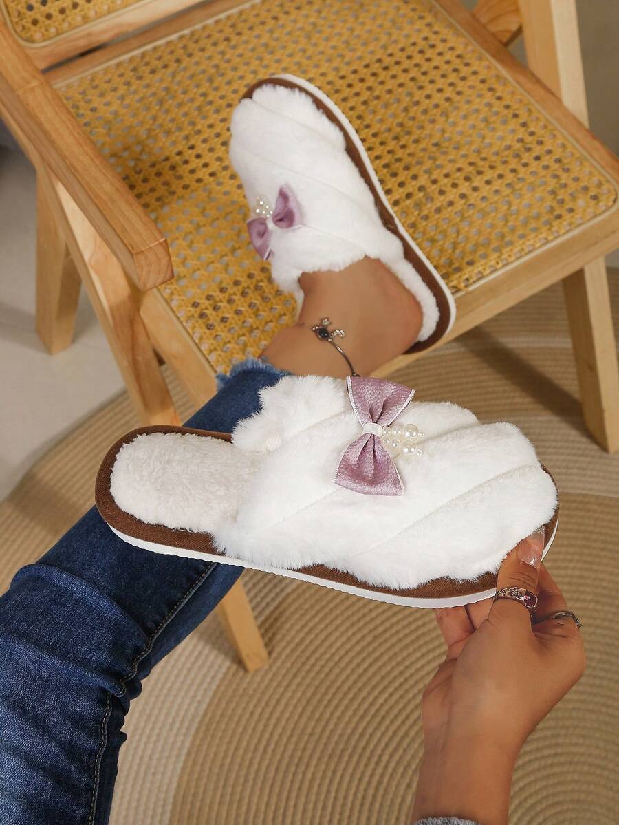 Girl's Pearl Bow Plush Slippers, Slip-On Slide, Soft And Warm Indoor House Shoes For Women, Autumn/Winter