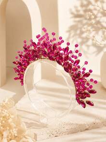 KOVLYNE 1pc Women's Crystal Floral Tiara, Sparkling Beaded Rhinestone Crown Headband, Suitable For Wedding, Bridal Styling, Graduation Prom, Beauty Pageant And Special Occasions - Hot Pink - View 2