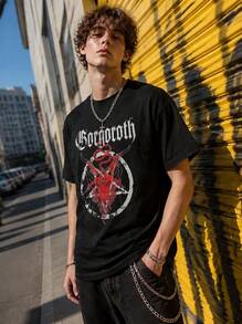 **Title:Men's 100% Cotton Crew Neck Short‑Sleeve T‑Shirt, Vintage Gothic Art & Serpent Graphic Print Rock‑Style Casual Tee, Loose Fit Street Daily Top - Black - View 3
