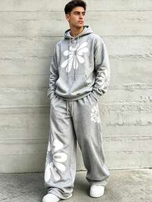 HEYKESON Men's Floral Print Hoodie & Wide Leg Sweatpants 2 Pieces Loose Fit Sports Set - Light Grey - View 1