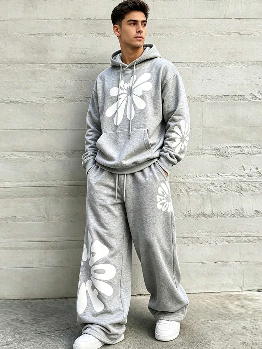 HEYKESON Men's Floral Print Hoodie & Wide Leg Sweatpants 2 Pieces Loose Fit Sports Set - Light Grey - View 1