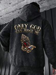 Vintage Washed Tie-Dye Men's Hoodie Sweatshirt, Autumn/Winter, Back Prayer Hands Large Print, Loose Fit, Dropped Shoulder, Pullover Casual Sweatshirt - Black - View 4