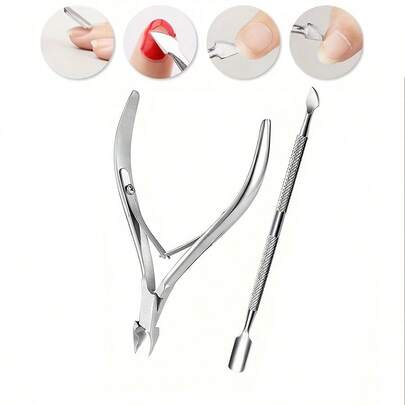Alicate de Cutícula de Aço Inoxidável + Empurrador de Cutícula, Conjunto de Ferramentas de Manicure para Remover Esmalte de Unhas, Aparar Unhas e Cutículas, Aço Inoxidável Durável, À Prova d'Água, Portátil para Viagem, Casa, Uso Comercial, Presente para Mulheres, Decoração de Casa, Penteadeira, Quarto