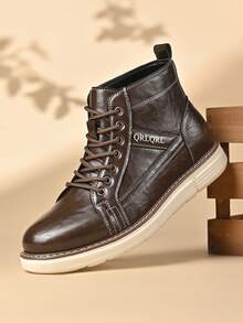 Men's Round Toe Low Heel Mid-Calf PU Upper Rubber Sole Breathable Casual Ankle Boots For Daily Wear - Brown - View 1