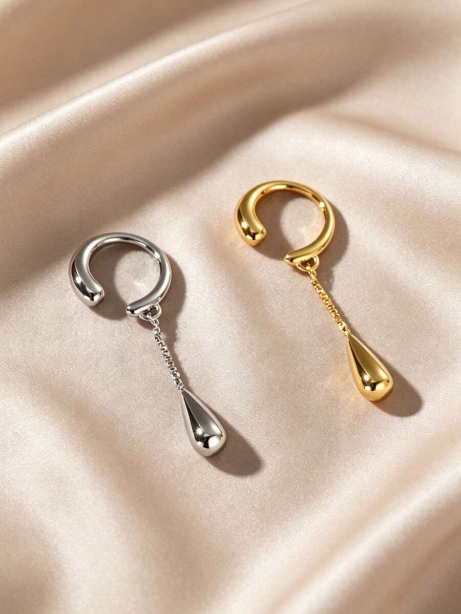 1pc Minimalist Cool Style Tassel Water Drop Clip-On Earrings, No Piercing Required, Unique Holiday Accessory, Suitable For Daily Wear, Party, Gift - Water Drop - View 1