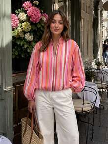 Women's Pink Striped Colorblock Baseball Jacket, Lightweight Zipper Long Sleeve Casual Y2K Street Style Spring Autumn Fashion Coat - Multicolor - View 2