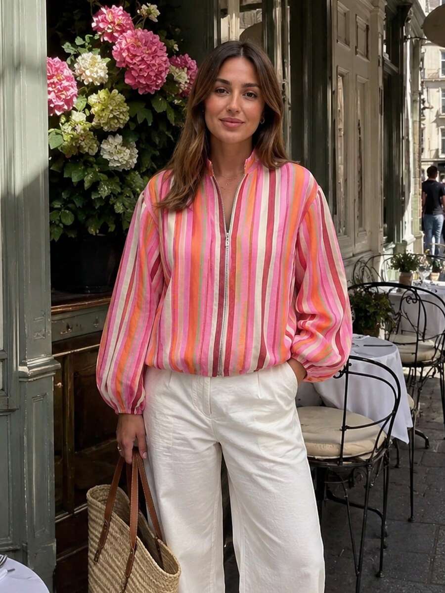 Women's Pink Striped Colorblock Baseball Jacket, Lightweight Zipper Long Sleeve Casual Y2K Street Style Spring Autumn Fashion Coat - Multicolor - View 1