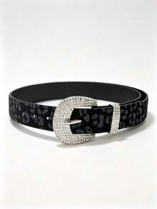 APLCSEY 1pc Women's Black PU Belt With Rhinestone Buckle, Fashionable Versatile Accessory For Daily Wear And Shopping - Leopard Print Black - View 4