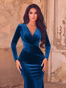 Faeriesty Women's Elegant Deep V-Neck Mermaid Evening Gown, Long Sleeve With Train -. Party Spring Fall Wedding - Navy Blue - View 3