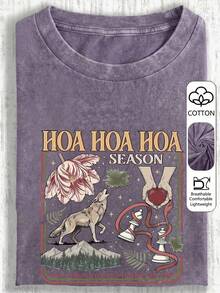 大尺碼女款日常 Twilight 主題狼與花卉印花圓領短袖休閒 T-shirt 上衣，春夏秋度假穿搭 - 淡紫色 - 查看 1