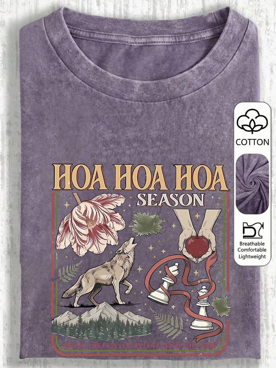 大尺碼女款日常 Twilight 主題狼與花卉印花圓領短袖休閒 T-shirt 上衣,春夏秋度假穿搭 - 淡紫色 - 查看 1