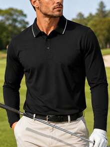 Men's Golf Light Business Long Sleeve Polo Shirt With Contrast Collar, Suitable For Golf, Business, Office, Daily Casual, Outdoor And Multiple Occasions - Black - View 8