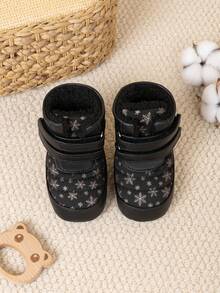 Fashionable Infant Fluffy Winter Snow Boots With Snowflake Pattern, Soft Sole, Thick Fleece Lining, Warm Ankle Boots - Black - View 4