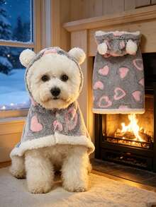 Grey Polyester Hooded Pet Robe With Small Ears, Decorated With Pink Hearts, Thick And Comfortable, Suitable For Small Dogs, Medium Dogs And Cats (Size Runs Small, Recommend Buying 1-2 Sizes Larger) - Grey - View 9