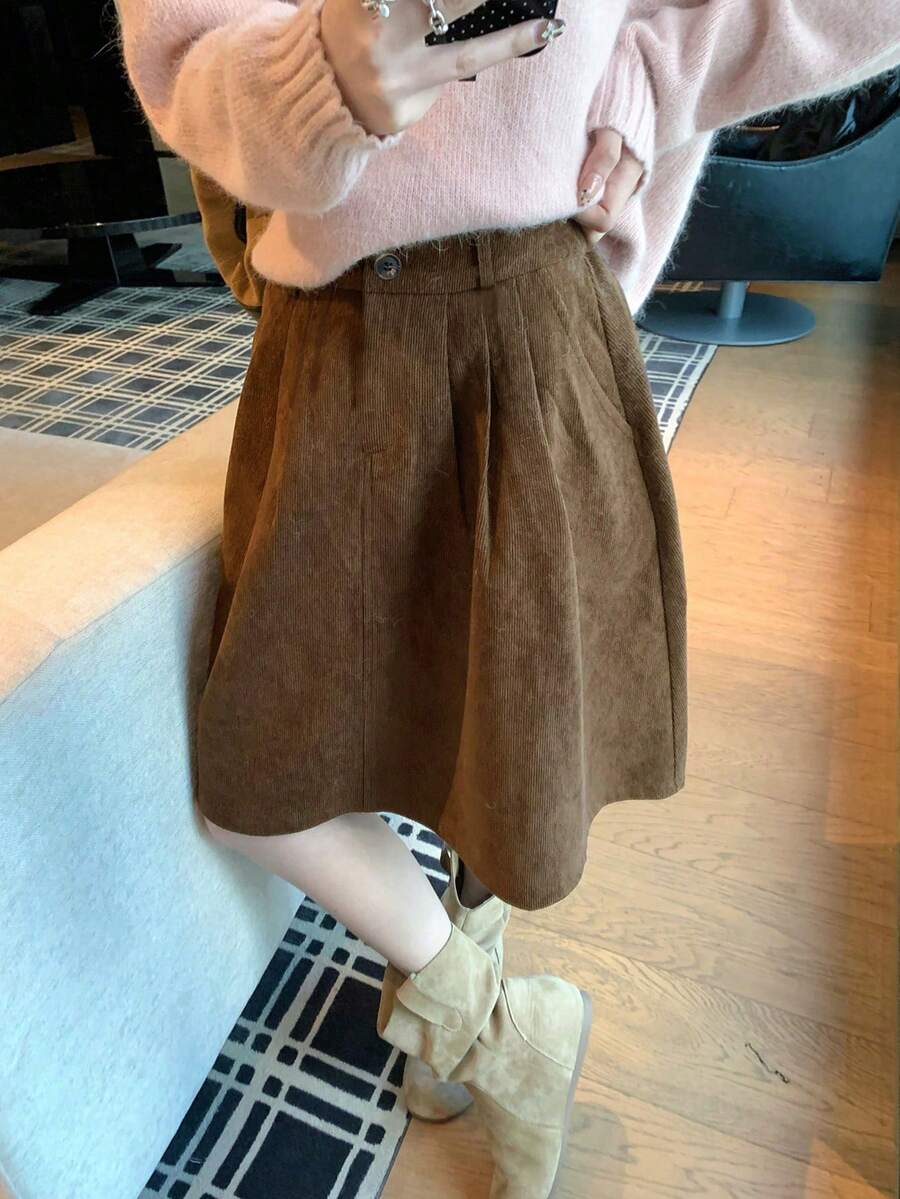 Korean Style Vintage Chic High Waist Slimming A-Line Skirt - Brown - View 1