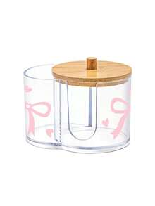 2 Grid Cotton Pad Swab Box,Cute Bow Print Makeup Organizer Box With Bamboo Lid,Desktop Cosmetic Container With Double Round Holes,For Bathroom Vanity - Multicolor - View 14