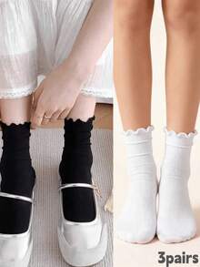 3/5/7/12 Pairs Women White Ruffle Frill Crew Socks, Striped Soft Breathable, Casual Daily For Loafer Mary Jane - White - View 13