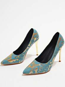 Shiny Rhinestone Bow Silver Elegant Pointed Toe Slimming Women's High Heel Slip-On Chunky Heel Pumps - Green - View 4