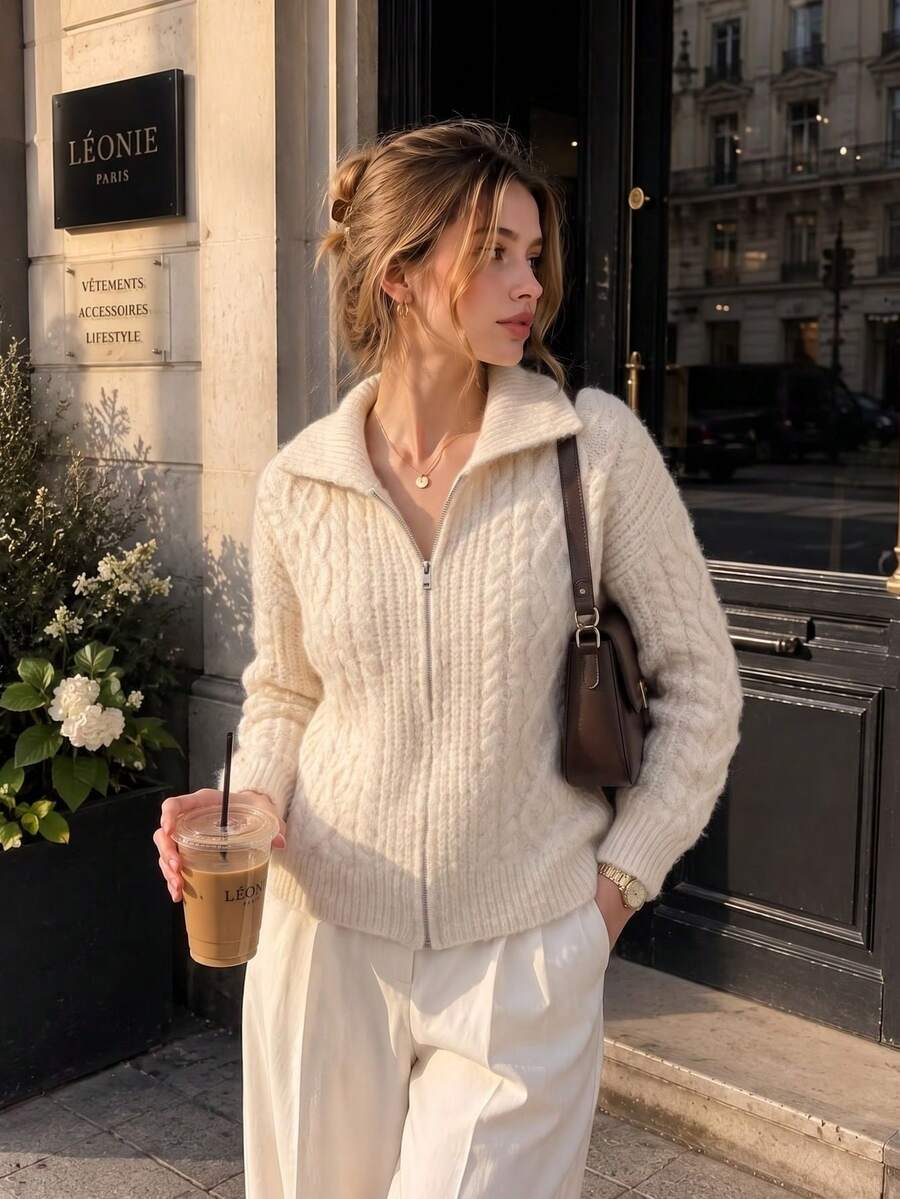 Winter White Cable Knit Zip-Up Cardigan Jacket With Turn-Down Collar And Long Sleeves, Suitable For Christmas And Daily Wear Vacation - White - View 1