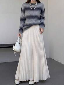 Elegant Women's Long Pleated Skirt, Non-Stretch Woven Fabric Flowy Skirt, Suitable For Autumn Wear - Apricot - View 9
