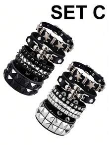 1/4/8pcs PU Leather Studded Punk Bracelets For Men Women Gothic Skull Rivet Cuff Wristband Adjustable Punk Rock Accessory For Halloween Party,Festival - Multicolor - View 10