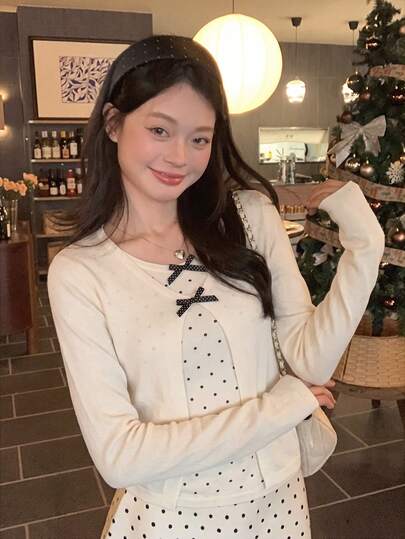 Autumn/Winter Sexy Sweet & Spicy 2 In 1 Polka Dot Bow Long Sleeve Knit Sweater, Slim Fit Youthful Age-Reducing Top