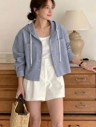 Korean Chic Summer Casual Single-Breasted Striped Contrast Color Loose Fit Long Sleeve Hooded Shirt For Women Spring