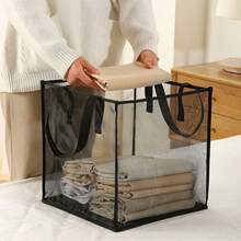 1pc Black Mesh Laundry Basket, Large Square Foldable Dirty Clothes Hamper, Portable Single/Double Layer Handheld Household Bathroom Laundry Storage - Multicolor - View 6