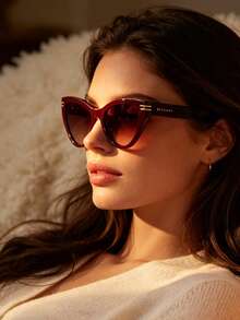 Bvlgari Chic Women Cat Eye Sunglasses Burgundy Frame Gold Details Gradient UV Lens Retro For Beach Travel Party Daily Wear - Brown - View 4