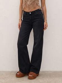 Calça Denim Reta Lavada Feminina, Bolsos Inseridos Inclinados com Decoração de Botão, Casual e Confortável.Uso Diário, Deslocamento, Festival de Música, Serve para Todas as Silhuetas, Casual - Preto - Visão 9