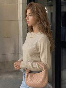 JustMiss Women's Crew Neck Long Sleeve Knit Short Loose Casual Colorful Sequin Pullover Sweater Spring Autumn - Khaki - View 3