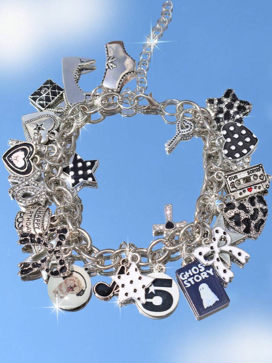 1pc Dark Gothic Charm Bracelet, Polka Dot Star Leopard Print Heart Bracelet, Dark Cherry Ghost Party Bracelet