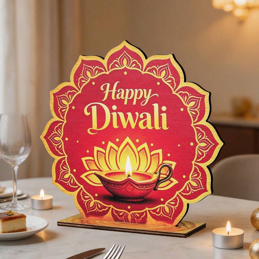 HAPPY DIWALI Party Decoration Wooden Tabletop Ornament Diwali Festival Celebration Lotus Lamp Plaque - Multicolor - View 1
