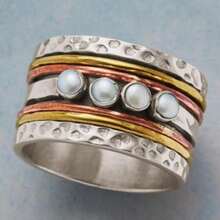 Vintage Multi-Layer Hammered Texture Ring, Round Faux Pearl Inlaid Wide Band - Silver - View 1