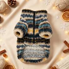 1pc Dog Hoodie, Thick Fleece Zipper Dog Jacket, Vintage Striped Jacquard Pattern, Suitable For Small/Medium Dogs Puppy Clothes, Cat Clothes, Autumn/Winter Cold Weather Outdoor And Indoor Use - Blue - View 4