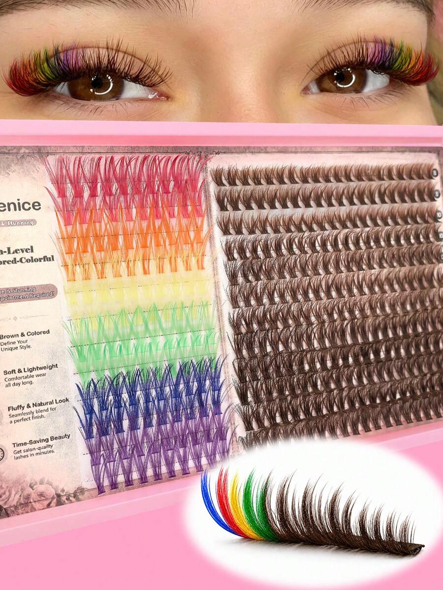 1 Box Colorful & Brown Single Cluster False Eyelashes, Angel Style & Lightweight Style, Soft & Lightweight DIY False Eyelashes, Natural & Voluminous, Fluffy Doll Eye & Cartoon Eye Makeup, Reusable & Easy To Apply, Suitable For Daily Makeup, Eye-Catching Looks, Party & Halloween Makeup - D - View 1