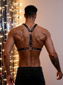 Men's PU Leather Body Harness, Adjustable Rivet Metal O-Ring Strap Accessory, Suitable For Halloween Cosplay, Carnival Party, Nightclub Party - Black - View 7