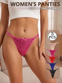 5pcs Sexy Girl Panties Minimalist Sexy Bow Thin Strap Multicolor Comfortable Women's Thong Adjustable T-Back - Multicolor - View 1