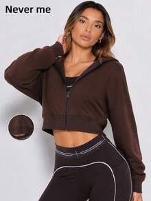 Never me Women's Sports Full Zip Hooded Short Jacket, Dropped Shoulder Loose Fit Cropped Sweatshirt For Casual Fitness - Coffee Brown - View 3