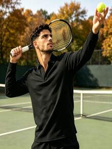 Men's Solid Black Knit Fabric Long Sleeve Polo Shirt With Turn-Down Collar, Soft And Comfortable Casual Basic Style - Black - View 8