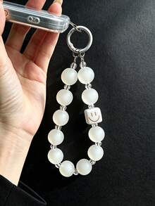 Y2K White Smiling Face Phone Lanyard, Frosted Transparent Beaded Phone Strap, Minimalist Cute Wristband - White - View 2