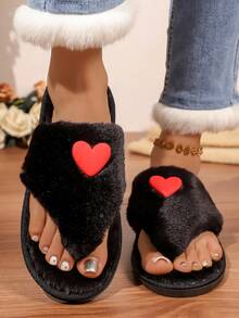 Women's Fuzzy Fluffy Flip Flop Slippers, Open Toe Plush House Slippers For Bedroom And Indoor Wear, Cute Decorative Soft Slippers For Autumn/Winter - Black - View 6