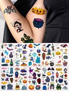 10 Lembar, Stiker Tato Pola Kartun Halloween, Tato Sementara Pola , Hantu, Kelelawar, Zombie, Kucing yang Lucu, Stiker Tato Palsu Tahan Air untuk Riasan Pesta Halloween - MultiWarna - View 3