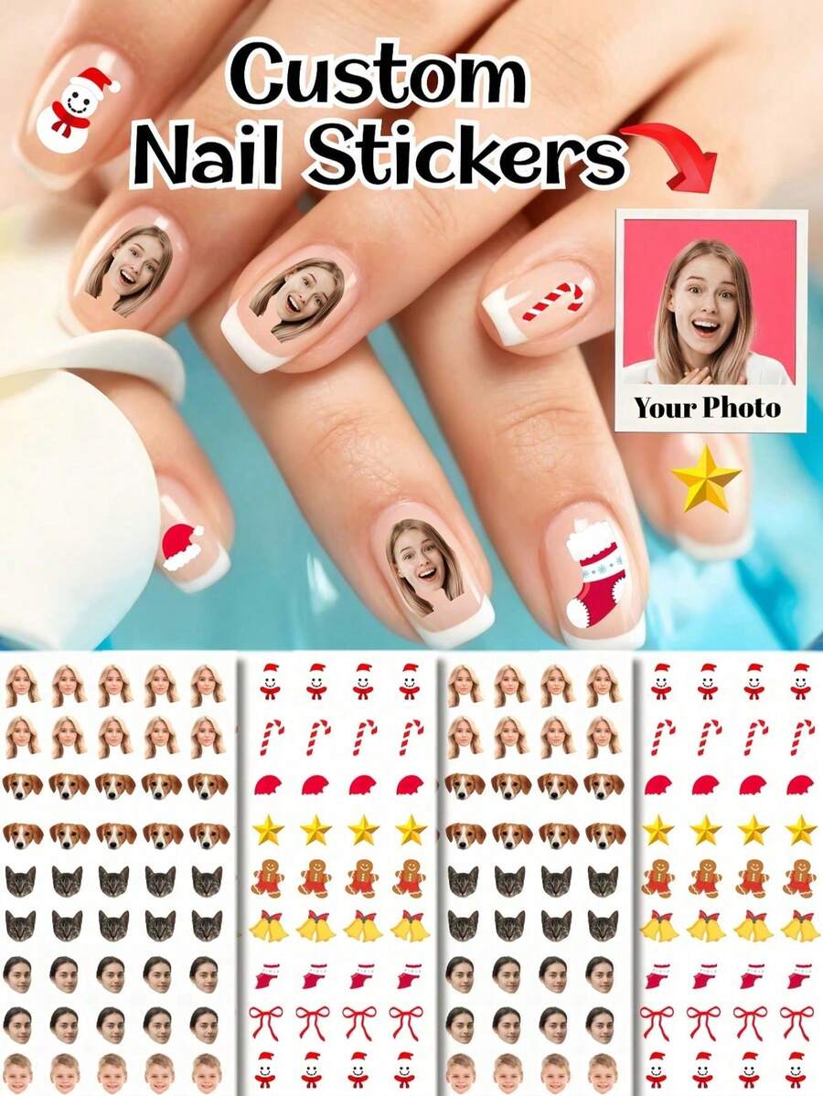 Customized Christmas Nail Stickers, Personalized Photo Nail Stickers, Waterproof Nail Tattoo Stickers, Customized Nail Stickers, DIY Nail Stickers, Suitable For Christmas, Birthday, Wedding, Party, Unique Gift For Her, Suitable For Family And Friends - Multicolor - View 1