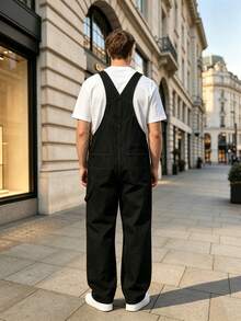 Men's Black Denim Dungarees Chest Pocket Multi Pocket Overalls - Black - View 3