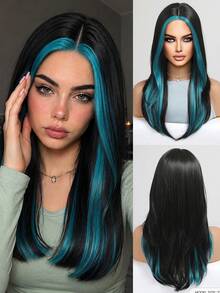 22 Inch Black With Peacock Blue Face-Framing Highlight High-Layered Synthetic Wig, Middle Part Straight Mid-Length, Suitable For Halloween, Cosplay, Daily Party - Multicolor - View 11
