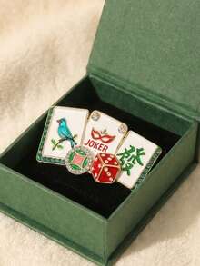 1pc Women's Fun Mahjong Brooch, Gold Enamel Clown Card & Lucky Charm Lapel Pin, Green Rhinestone Coat Scarf Accessory - Multicolor - View 7