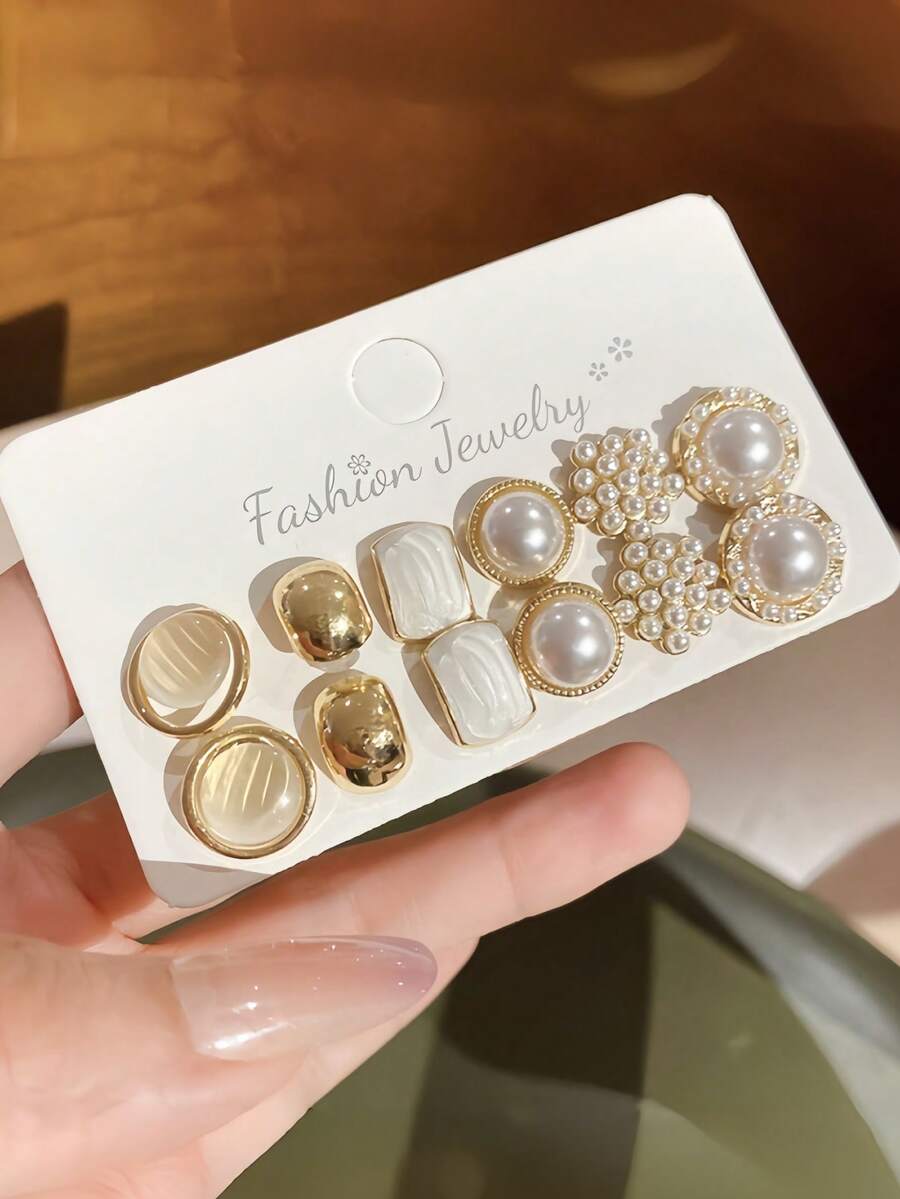 12pcs Fashionable Personalized Pearl Geometric Round Stud Earrings, Sweet Romantic Multi-Style Earrings, Suitable For Women's Daily Wear, Gatherings, Party Matching - Yellow Gold - View 1